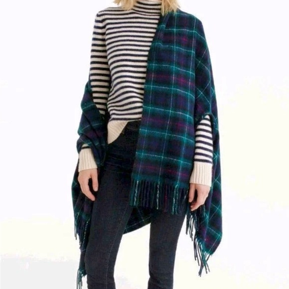 J. Crew Navy Tartan Oversized Cape Scarf - Picture 3 of 7